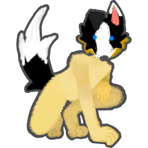 A creature crouching down with one paw up and one paw down, they have a yellow body, a black border collies mask on their face, and a fluffy black tail with a white tip.